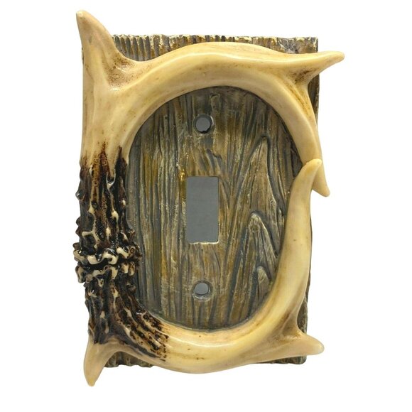 Rustic Antler Single Light Switch Cover Plate Faux Wood & Horn Design - Picture 8 of 8
